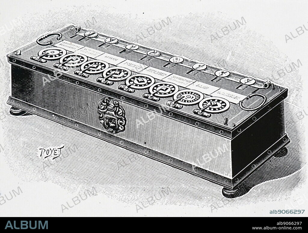 Adding machine designed by Blaise Pascal in 1642 when he was 19 years-old. From La Nature, Paris, 1904.