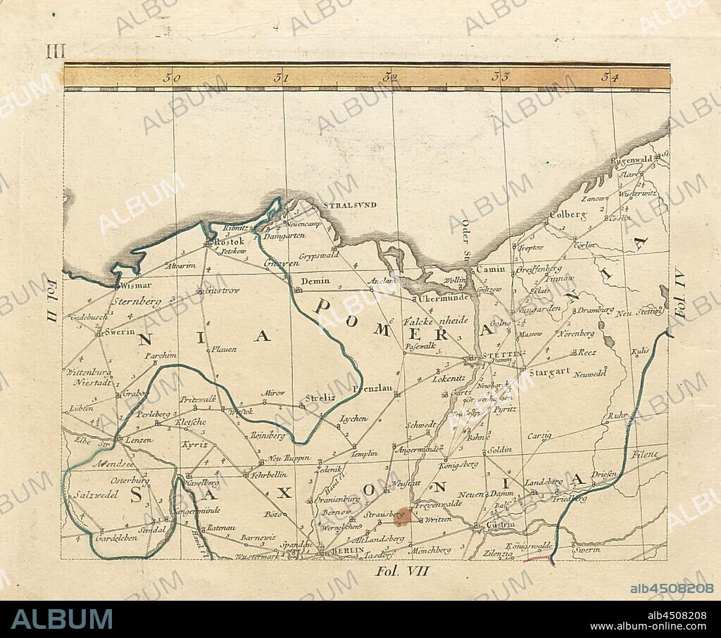 Saxonia, Map of the region Wismar, Berlin, Schwerin and Neustettin, fol. 6r, Bors, Johann Jakob (verfertigt), Homannsche Erben (ed.), Johann Jakob Bors; Franz Ioseph Heger: Neue und vollständige Postkarte durch ganz Deutschland. Nürnberg: im Verlag bey denen Homaennischen Erben, [1764].