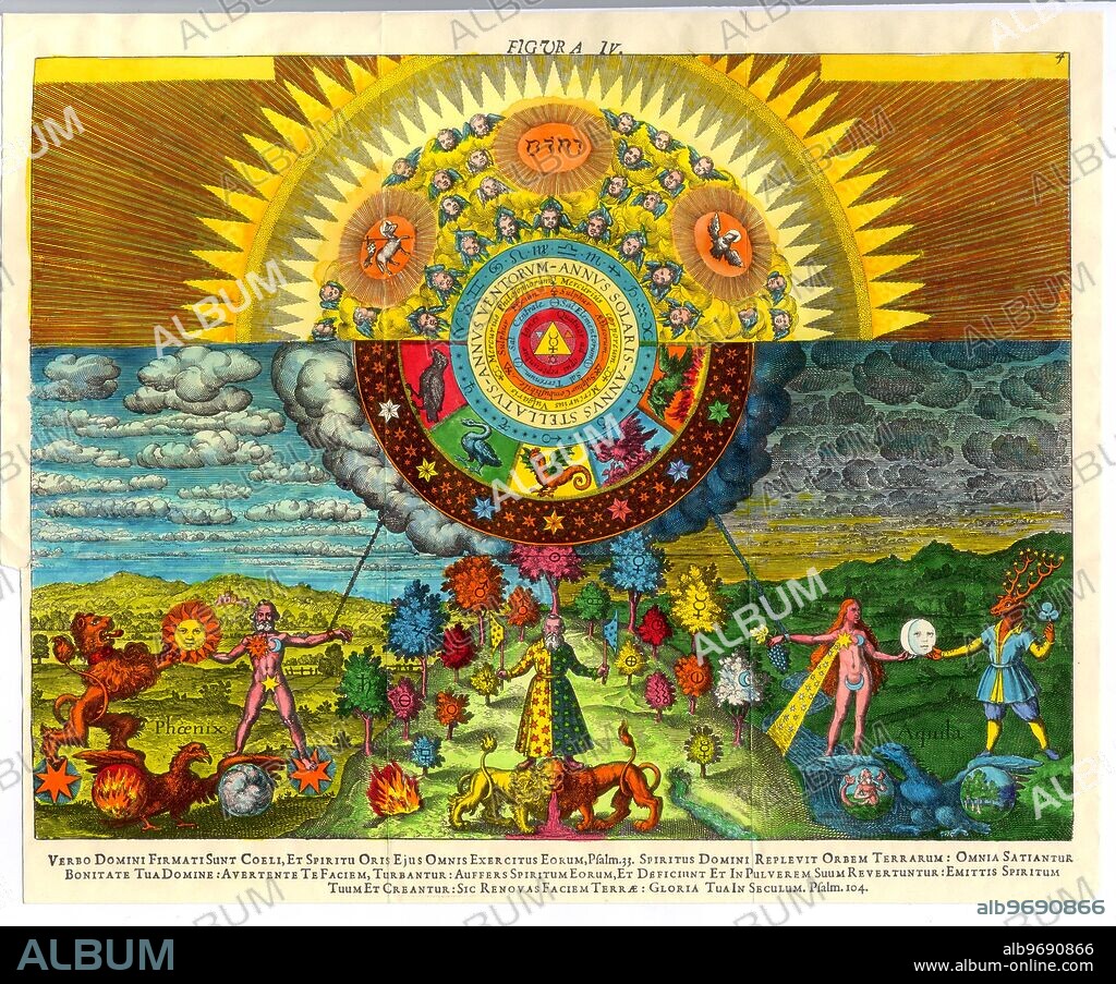 ALCHEMY - MICROCOSM AND MACROCOSM . This plate, engraved by Merian for Johann-Daniel Mylius, Opus Medico-chymicum, 1618, is one of the most complex and symbolically satisfying from the heyday of learned alchemy. In essence it is designed to portray the relationships that subtend between the Higher and Lower worlds, between the Macrocosm and the Microcosm. The upper third of the picture is a double sunburst - an esoteric reference to the Sun behind the Sun. The area is peopled by four-winged angels, who represent the Cherubim, the highest servitors of God. The Lamb of God, which is Christ, is pictured to the right of the Tetragrammaton, or four-lettered Hebrew name of God, while the dove of the Holy Spirit is pictured to the left. This is the Three in One, who look down on the arc containing the twelve sigils for the zodiacal signs. Within the concentrics below this zodiac, are spheres of Mercury [yellow], Sulphur [orange] and Salt [blue], which are the lower Trinity, or the Three Principles in Nature and in Man. At the centre of he concentrics is the perfected Mercury of the alchemists, with the dot in the circle of the glyph, to show that it is penetrated with solar light. The five segments of flying creatures represent alchemical processes; the Raven symbolizes Nigredo (the Blackening process), the Swan, Albedo (the Whitening process), the Dragon itself (symbol of all Wisdom) represents the Art of Alchemy itself; the Pelican represents Mercury, while the Phoenix symbolizes Sulphur. In accordance with the hermetic teaching, which holds that the sublunar realm is totally dominated by opposites, or polarities, the Lower world is represented mainly in terms of such polarities - Man-Woman, Sun-Moon, the lunar, stag-headed devotee of Diana triformis, with the solar Lion, and so on.