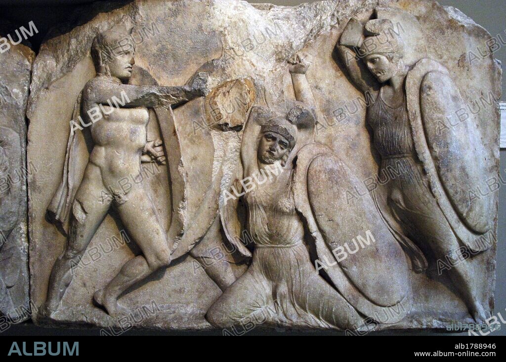 Nereid Monument. Sculptured tomb from Xanthos. Classical period Lycia. Turkey. A young warrior dies. Podium frieze. 390-380 BC. British Museum. London. England. United Kingdom.
