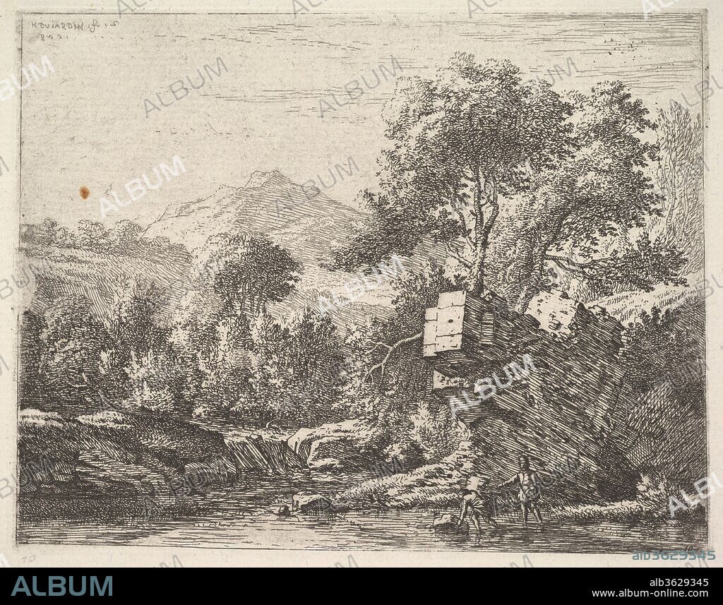 Two men standing ankle-deep in a body of water with a rocky outcrop behind them, to the left a rocky bank, trees and a hilltop beyond. Artist: Karel Dujardin (Dutch, Amsterdam 1622-1678 Venice). Dimensions: plate: 5 3/16 x 6 1/4 in. (13.2 x 15.8 cm)
sheet: 6 1/16 x 7 5/16 in. (15.4 x 18.6 cm). Date: 1658.
