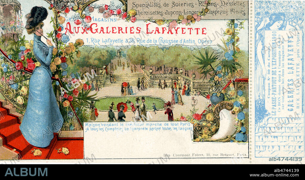 'Maison vendant le meilleur marche de tout Paris, a tous les comptoirs, un interprete parlant toutes les langues'. Illustration anonyme de 1900 pour une carte publicitaire des galeries Lafayette avec coupon détachable. Credit : JewishMemories / Kharbine-Tapabor.