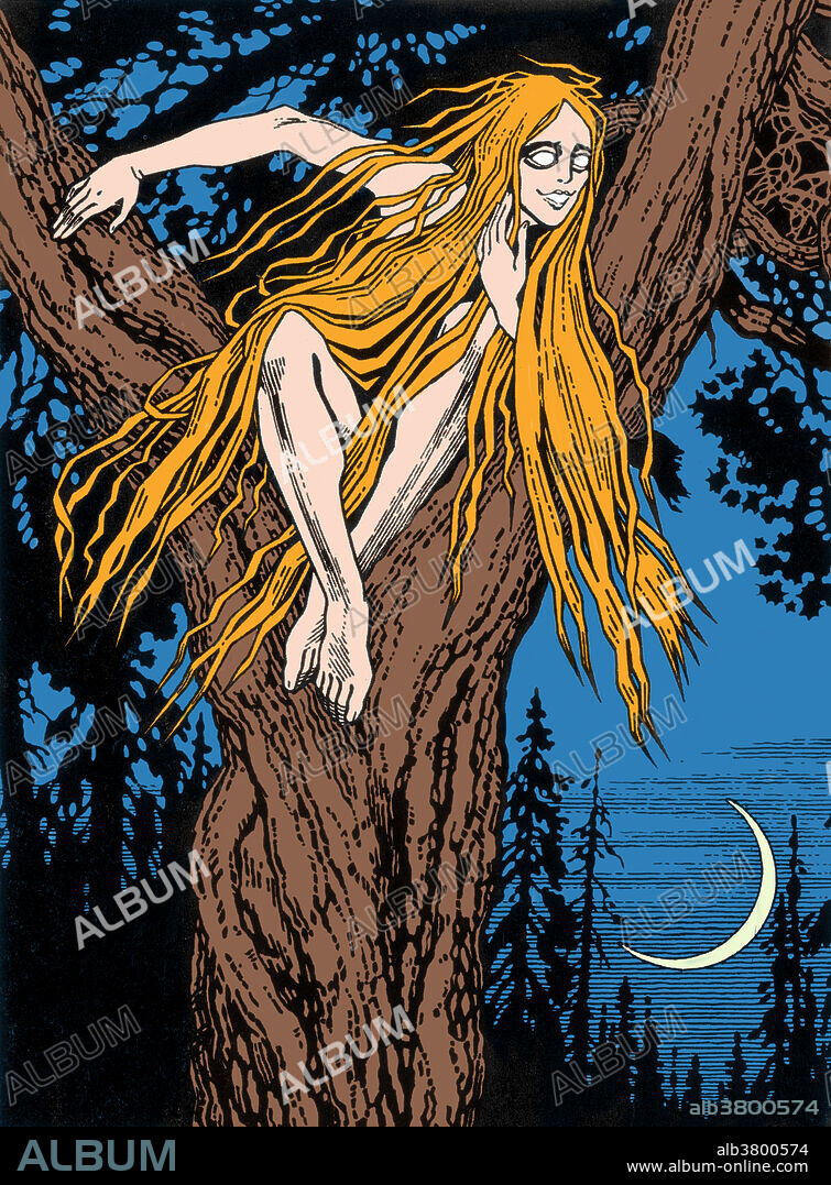 In Slavic mythology, a rusalka is a female ghost, water nymph, succubus, or mermaid-like demon that dwelt in a waterway. According to most traditions, the rusalki were fish-women, who lived at the bottom of rivers. In the middle of the night, they would walk out to the bank and dance in meadows. If they saw handsome men, they would fascinate them with songs and dancing, mesmerize them, then lead them away to the river floor to their death. Ivan Yakovlevich Bilibin (August 16, 1876 - February 7, 1942) was a Russian illustrator and stage designer who was inspired by Slavic folklore. He gained renown in 1899, when he released his illustrations of Russian fairy tales. He died in 1942 during the Siege of Leningrad at the age of 65.