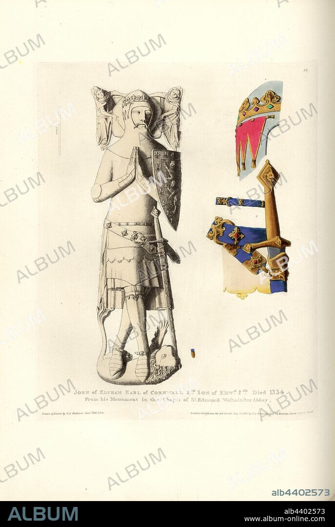 John of Eltham Earl of Cornwall 2. Son of Edw. 2. Died 1334. From his Monument in the Chapel of St. Edmund Westminster Abbey, Tomb of John of Eltham, Earl of Cornwall at Westminster Abbey, signed: Drawn & Etched by C.A. Stothard Jun, Published by C.A. Stothard Jun, Fig. 64, 55, after p. 50, Stothard, Charles Alfred Jun. (drawn, etched and publ.), Charles Alfred Stothard, Alfred John Kempe: The monumental effigies of Great Britain: selected from our cathedrals and churches, for the purpose of bringing together, and preserving correct representations of the best historical illustrations extant, from the Norman conquest to the reign of Henry the Eighth: dedicated by permission to the Prince Regent. London: printed by J. M'Creery [...], 1817-1832.