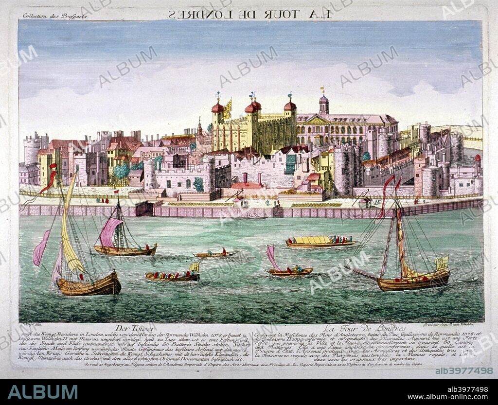 Tower of London, 1760. South view of the Tower of London with boats and figures on the River Thames. Also including a description in German and French.
