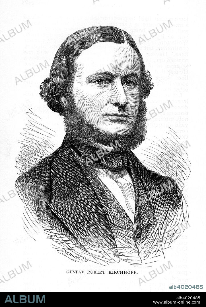 Gustav Robert Kirchhoff, German physicist, 1873. Kirchhoff (1824-1887) is known for his work on electricity, heat and optics. His collaboration with Robert Wilhelm Bunsen (1811-1899) on spectrum analysis led, in 1859, to the discovery of caesium and rubidium. He also formulated two laws governing electric networks. From The Science Record. (New York, 1873).