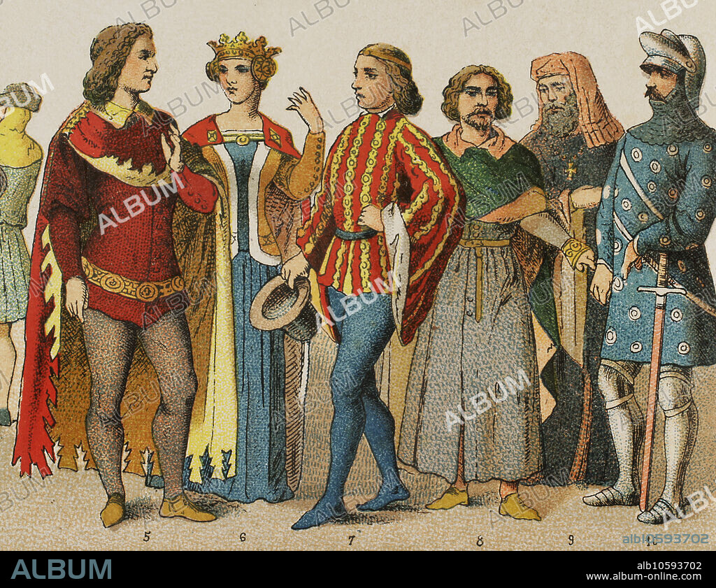 Historia de Inglaterra. 1300-1400. De izquierda a derecha, 5-6: trajes de corte, 7: caballero, 8: ciudadano, 9: señor (lord), 10: caballero, 1377. Cromolitografía. Detalle. "Historia Universal", por César Cantú. Tomo VI, 1885.