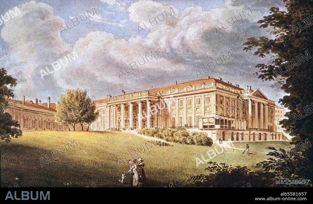 Wien, Palais Rasumofsky. (1806/07 erbaut von Louis v. Montoyer für den russ. Gesandten Fürst Andreas Kyrillowitsch Rasumofsky). Außenansicht von der Landstraße. Aquarell, um 1823, von Eduard Gurk. (1801-1841). Wien, Wien Museum.