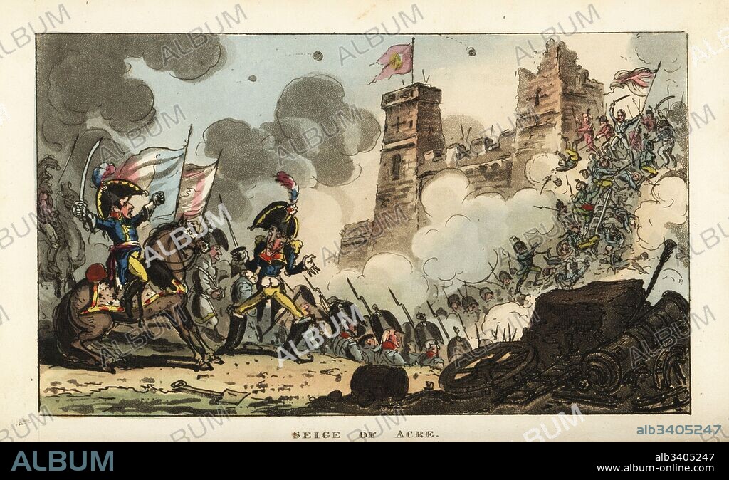 Napoleon Bonaparte ordering his troops to storm the fortress of Acre, Egyptian Campaign, 1799. Handcoloured copperplate engraving by George Cruikshank from The Life of Napoleon a Hudibrastic Poem by Doctor Syntax, T. Tegg, London, 1815.