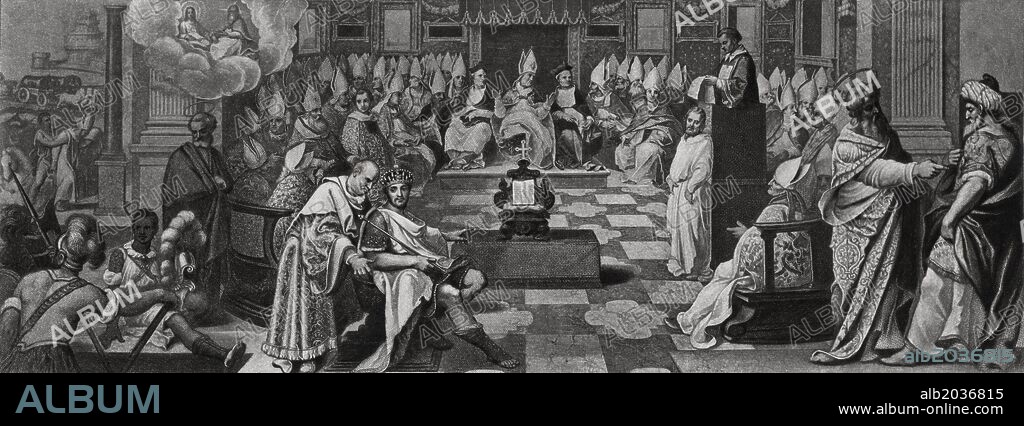 Historia de los concilios ecuménicos de Roma. Primer concilio de Nicea en el año 325, convocado por el emperador Constantino I y ratificado por el papa San Silvestre I. Editado en París, grabado de 1869.