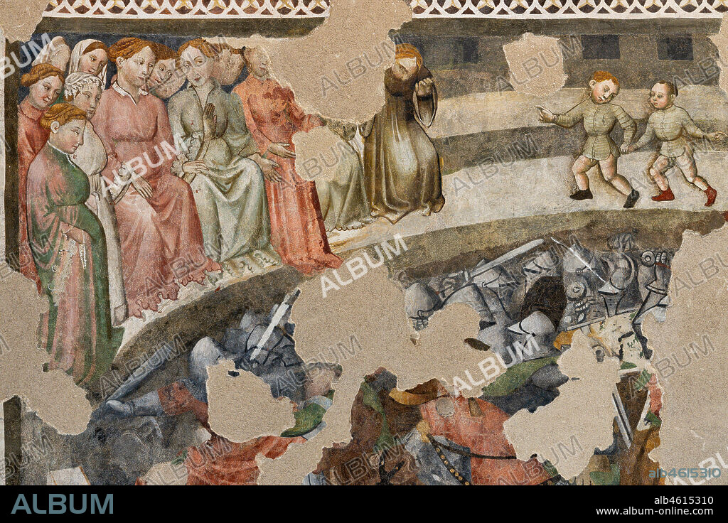 Spoleto, Rocca Albornoz (Stronghold), Camera Pinta (Painted Room): detail of the frescoes realized between 1392 and 1416, representing courtly and chivalrous subject, made by local painters (with reference to the group connected to the Master of the Dormitio of Terni) or of Padanian origin. The paintings are based on the poem "Teseida" by Boccaccio.Scene of a jousting tournament.