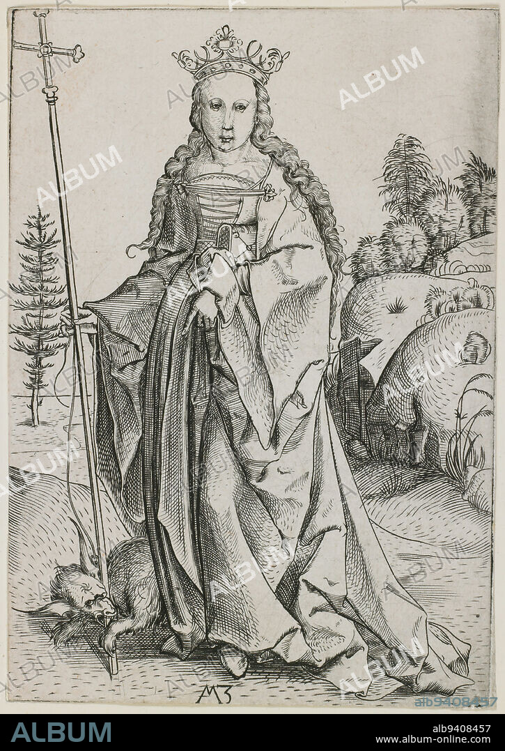 St. Margaret, 15th century, Anonymous Master M. Z., German, active c. 1500, 4 7/8 x 3 3/8 in. (12.38 x 8.57 cm) (image), Engraving, Germany, 15th century.