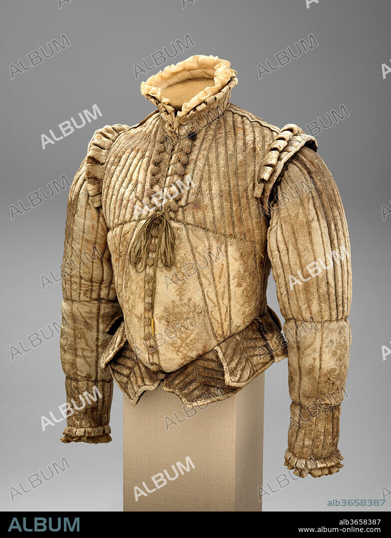 Fencing Doublet. Culture: Western European. Date: ca. 1580.
This doublet is a rare example of sixteenth-century male clothing, very little of which has survived. The cut of the doublet, particularly the protruding "peascod" waist, is typical of fashionable costume of the 1570s and 1580s. The delicate silk embroidery and the use of gold and silver metallic yarns are additional indicators of its high quality. The padded ribs on the chest, back, and sleeves suggest that the doublet was also intended as a protective garment. It was probably made for wear during fencing practice, which was at the time an essential part of every gentleman's education.