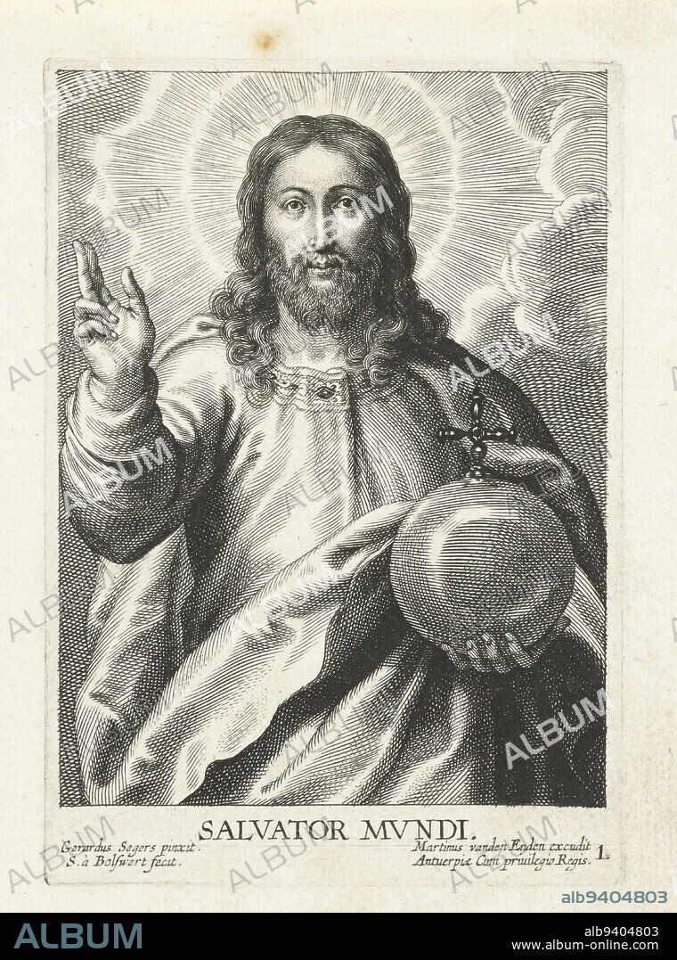 Christ as Salvator Mundi Salvator Mvndi, print maker: Schelte Adamsz. Bolswert, after: Gerard Seghers, (mentioned on object), publisher: Martinus van den Enden, (mentioned on object), Antwerp, 1596 - 1659, paper, engraving, h 134 mm × w 95 mm.