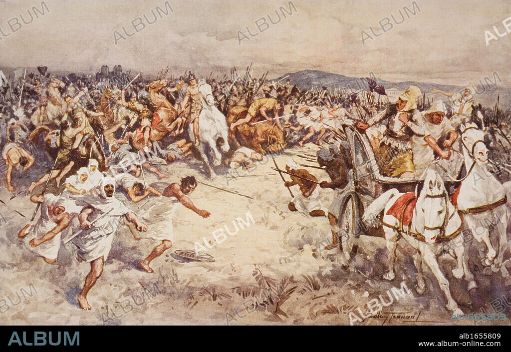The Battle of Issus, Alexander the Great, 356-323 B.C. defeats Darius, by Dudley Tennant from the book The Outline of History by H.G.Wells Volume 1, published 1920.