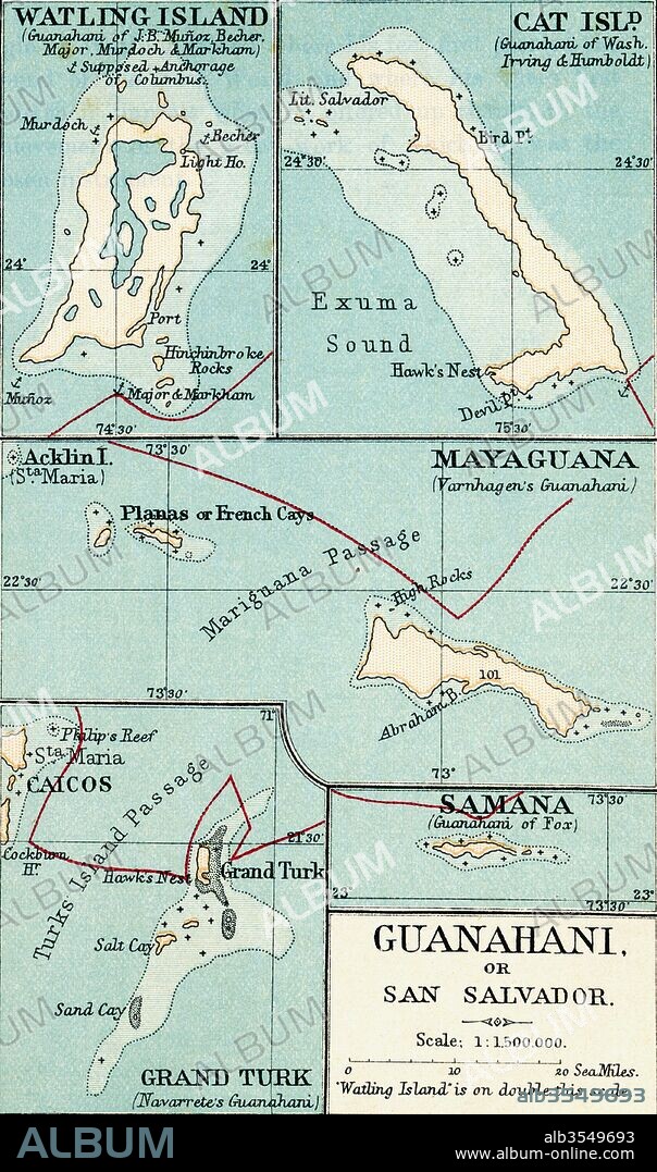 Map of Guanahani or San Salvador showing Watling Island where Christopher Columbus made landfall in 1492. From the book Life of Christopher Columbus by Clements R. Markham published 1892.
