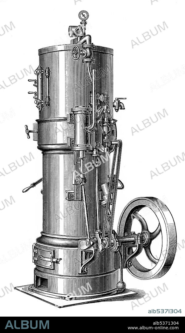 Historical graphic representation, technical drawing, vertical boiler steam engine, steam engine, piston heat engine, piston heat engine, the contained thermal energy or pressure contained in steam is transformed into mechanical work, 19th Century, from Meyers Konversations-Lexikon encyclopaedia, 1890.