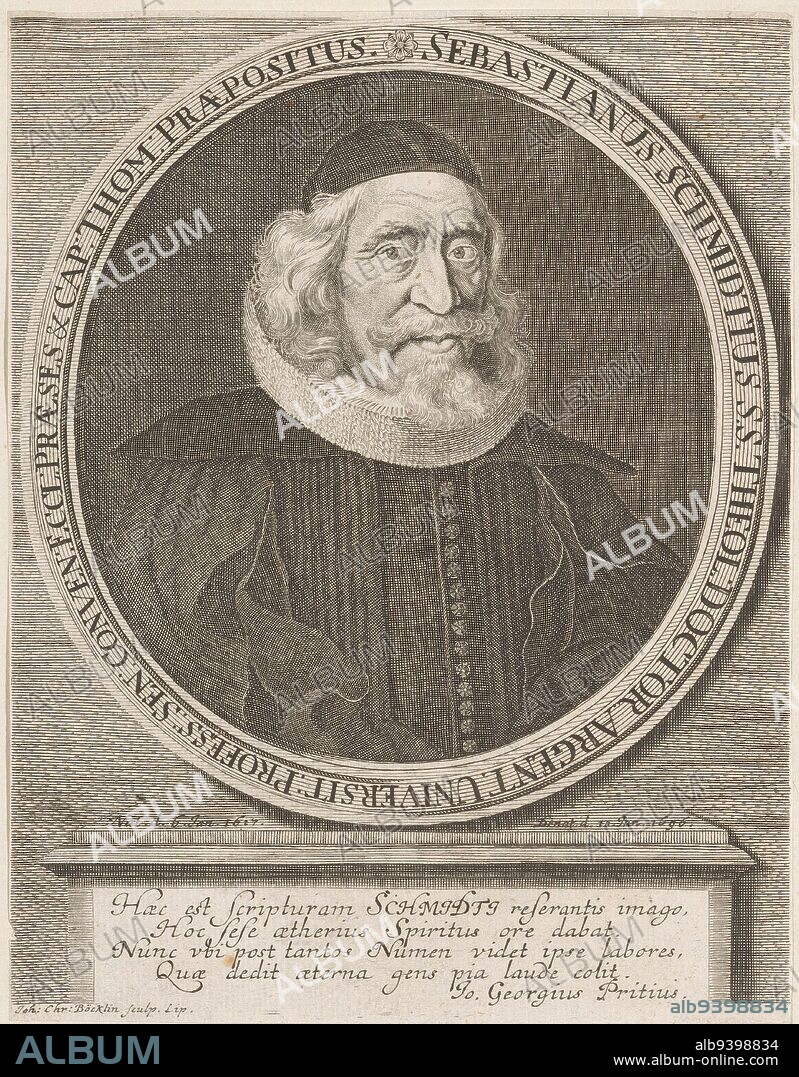 Portrait of Sebastian Schmidt, print maker: Johann Christoph Boecklin, (mentioned on object), Johann Georg Pritius, (mentioned on object), Leipzig, 1696 - 1709, paper, engraving, h 188 mm - w 145 mm.