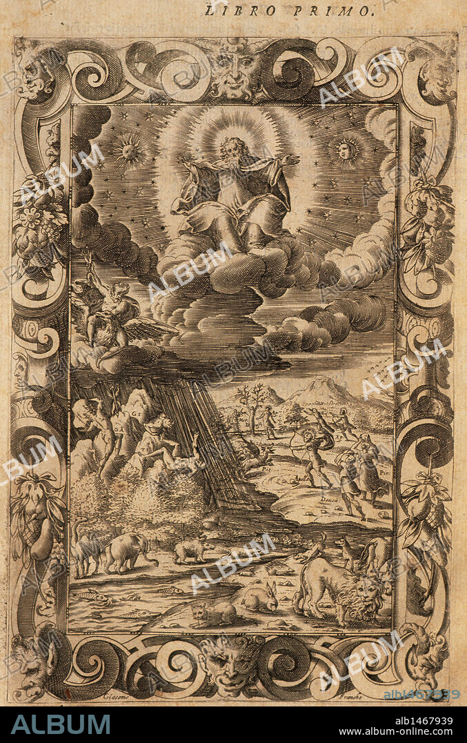 Ovid (Publius Ovidius Naso) (43 BC-17 AD). Latin poet. Metamorphoses 2-8 AD. Book I. Engraving depicting The Creation, The Battle of the Giants, Decaulion and Pyrrha and Apollo and the serpent. Italian edition. Venice, 1584.