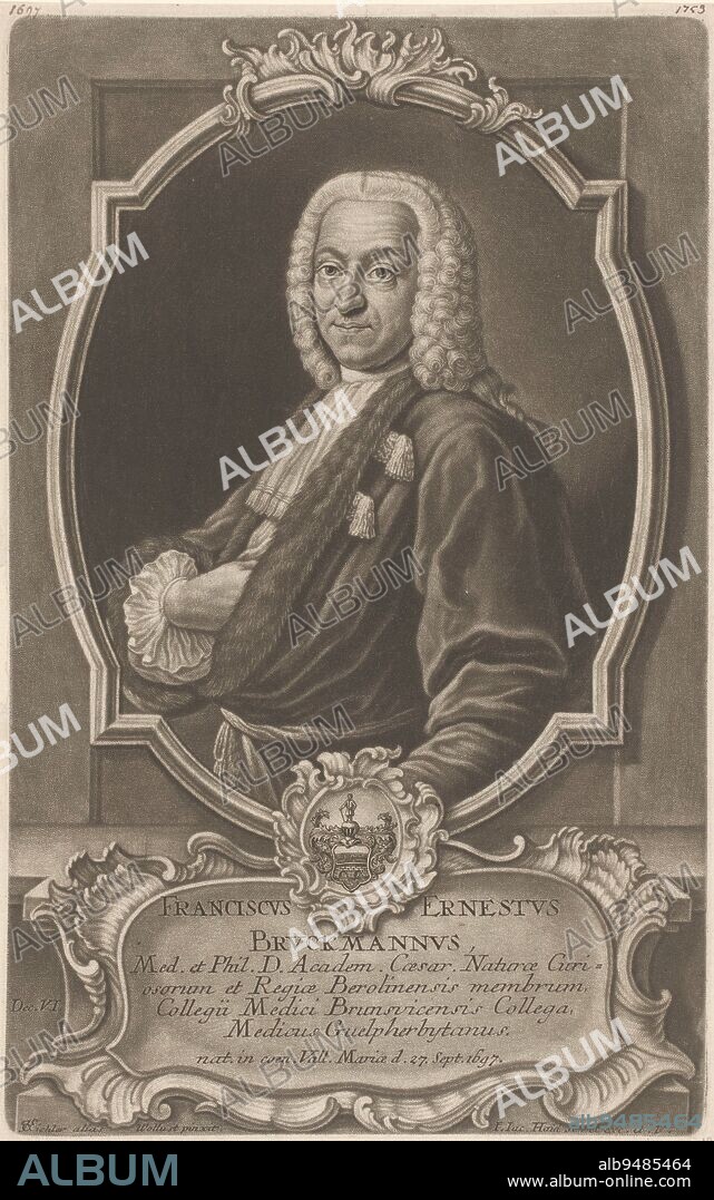 Portrait of Franz Ernst Brückmann, Johann Jacob Haid, after Johann Conrad Eichler, 1747, With caption in Latin., print maker: Johann Jacob Haid, (mentioned on object), after: Johann Conrad Eichler, (mentioned on object), publisher: Johann Jacob Haid, (mentioned on object), Augsburg, 1747, paper, etching, h 318 mm × w 199 mm.