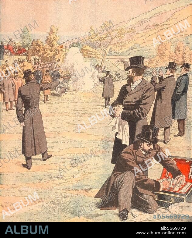 Déroulède, Paul ; homme politique français ; 1846-1914. - "A la frontière d'Espagne / Le duel Déroulède - Jaurès". (Déroulède se bat en duel à Hendaye avec Jean Jaurès qu'il a provoqué). Imp. coul. In : Le Petit Journal, Supplément Illustré, 14e année, Paris, 18 décembre. 1904. Berlin, Sammlung Archiv für Kunst und Geschichte.