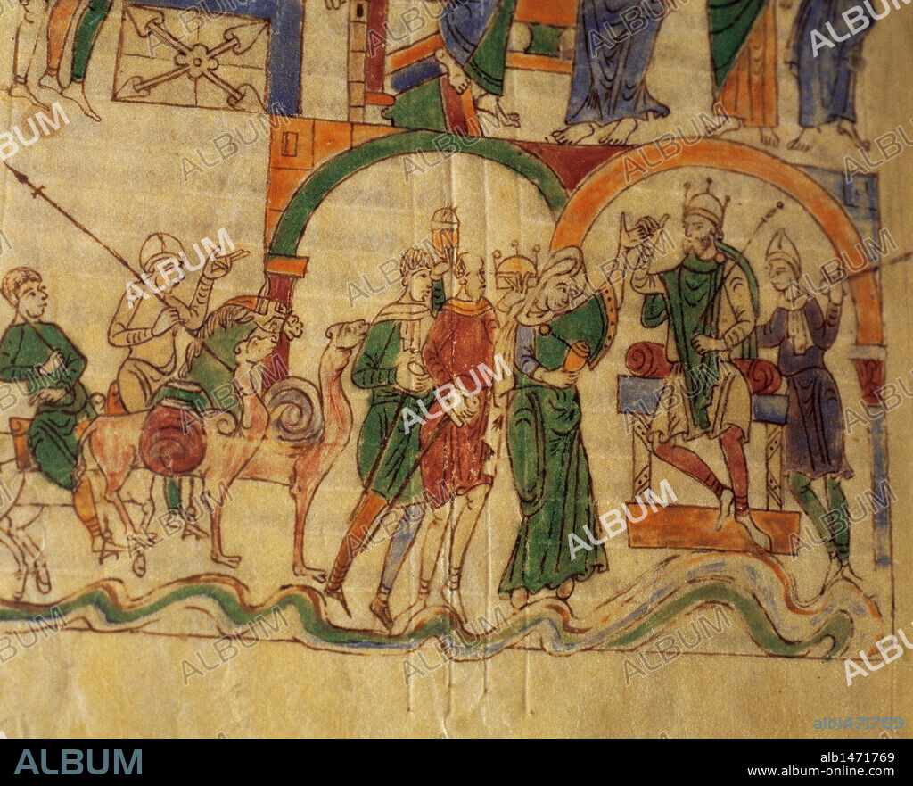 "ENTREGA DE PRESENTES A UN REY". S. XI. Detalle de una miniatura de la BIBLIA DE SANT PERE DE RODA iluminada posiblemente antes del año 1050 en el escritorio del monasterio de Ripoll. Biblioteca Nacional. París. Francia.