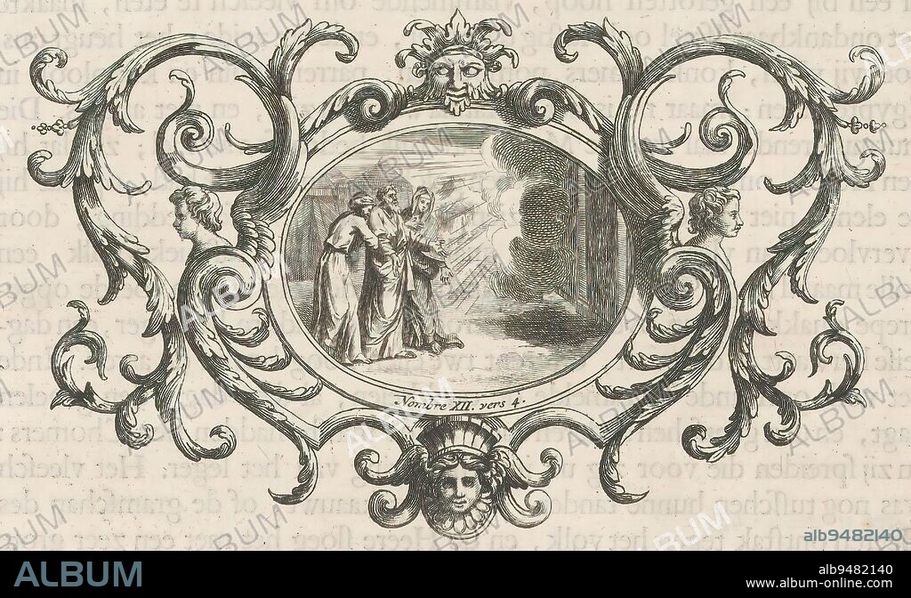 Moses, Aaron and Miriam at the meeting tent, Moses, Aaron and Miriam are called to the meeting tent by God, who appears there in a column of cloud. Bottom center a reference to the Bible text in Num. 12:4. The scene is framed in an ornamental frame., print maker: Bernard Picart, (possibly), 1683 - 1733, paper, etching, engraving, letterpress printing, height 109 mm × width 178 mm.