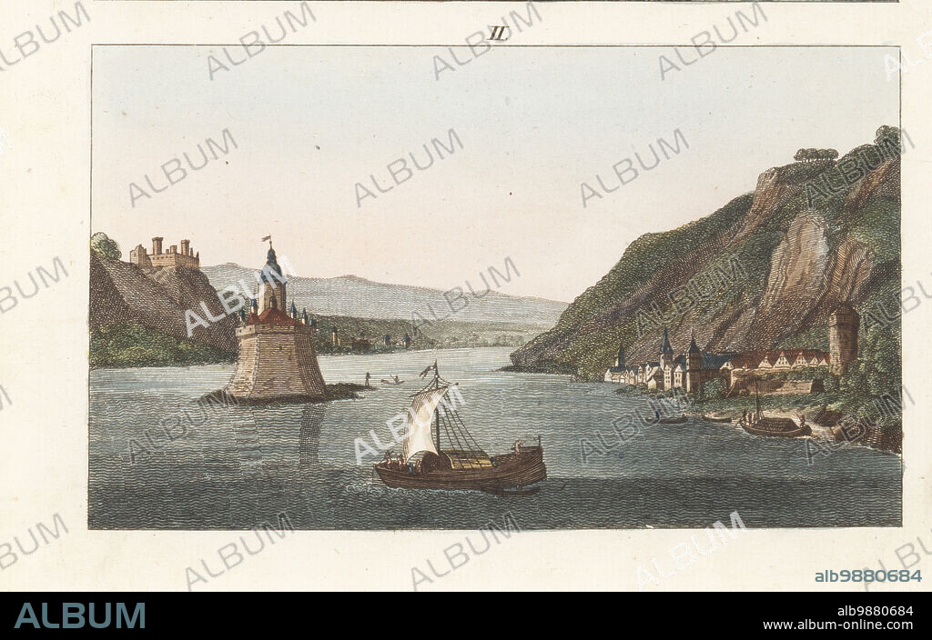 View of the town of Kaub, Rhineland-Palatinate, Germany. With toll castle Pfalzgrafenstein Castle on Pfalz island, and Gutenfels Castle on the hill. Vue de Palatinat et de la villa de Caub. After a painting by landscape artist Laurenz Janscha. Handcoloured copperplate engraving from Carl Bertuch's Bilderbuch fur Kinder (Picture Book for Children), Weimar, 1813. A 12-volume encyclopedia for children illustrated with almost 1,200 engraved plates on natural history, science, costume, mythology, etc., published from 1790-1830.