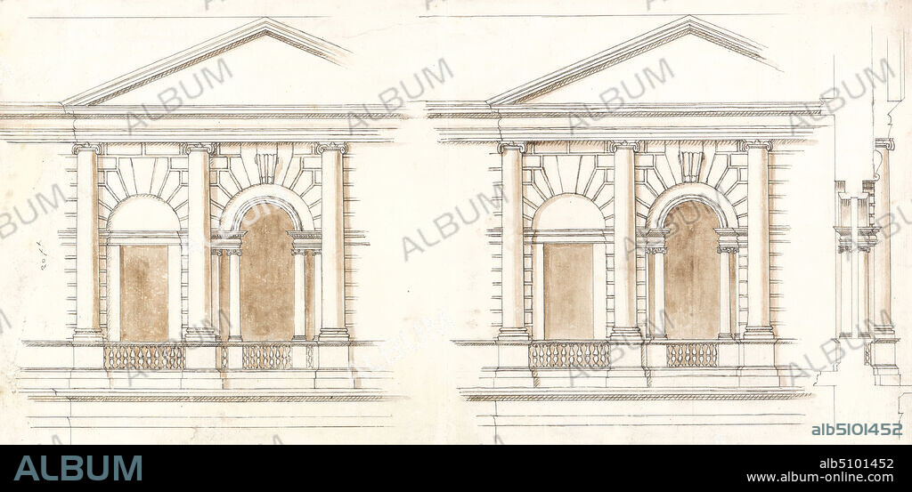 The Treasury, Whitehall, London: Alternate Elevations of the Facade, William Kent, ca.16861748, British, ca. 1733, Graphite, pen and black ink, and brown wash on medium, slightly textured, cream laid paper to a scale, Sheet: 8 1/2 × 17 1/4 inches (21.6 × 43.8 cm), architectural subject, Palladian windows, public buildings, treasury, England, Europe, Greater London, London, United Kingdom.