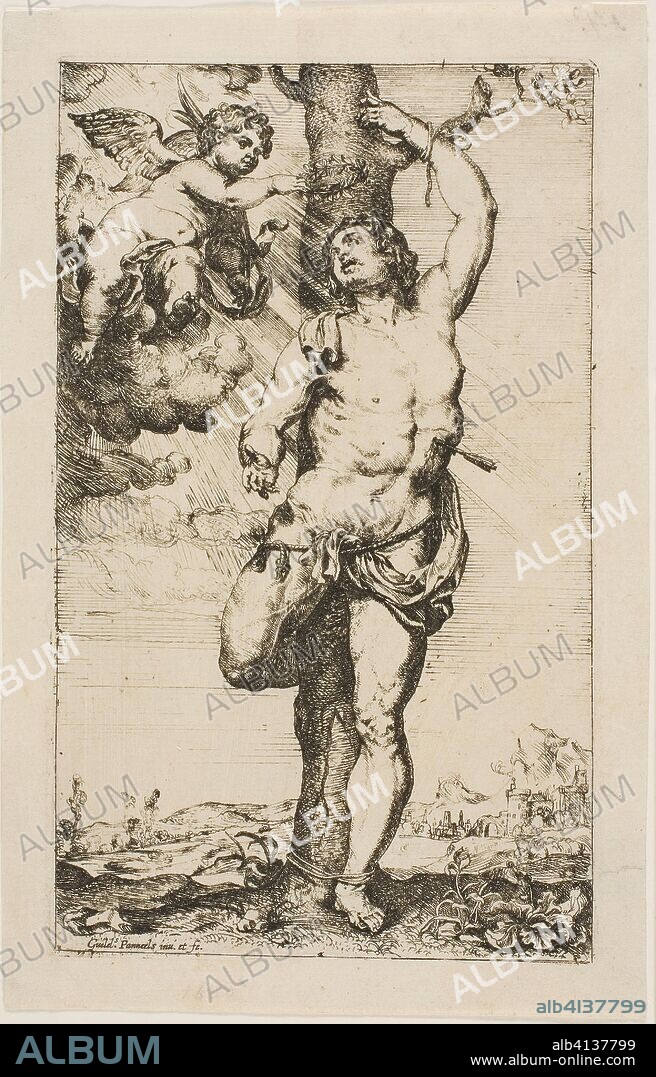 Saint Sebastian Crowned by an Angel. Willem Panneels; Flemish, 1600-after 1632. Date: 1620-1632. Dimensions: 178 × 112 mm. Etching printed in black, on paper. Origin: Flanders.