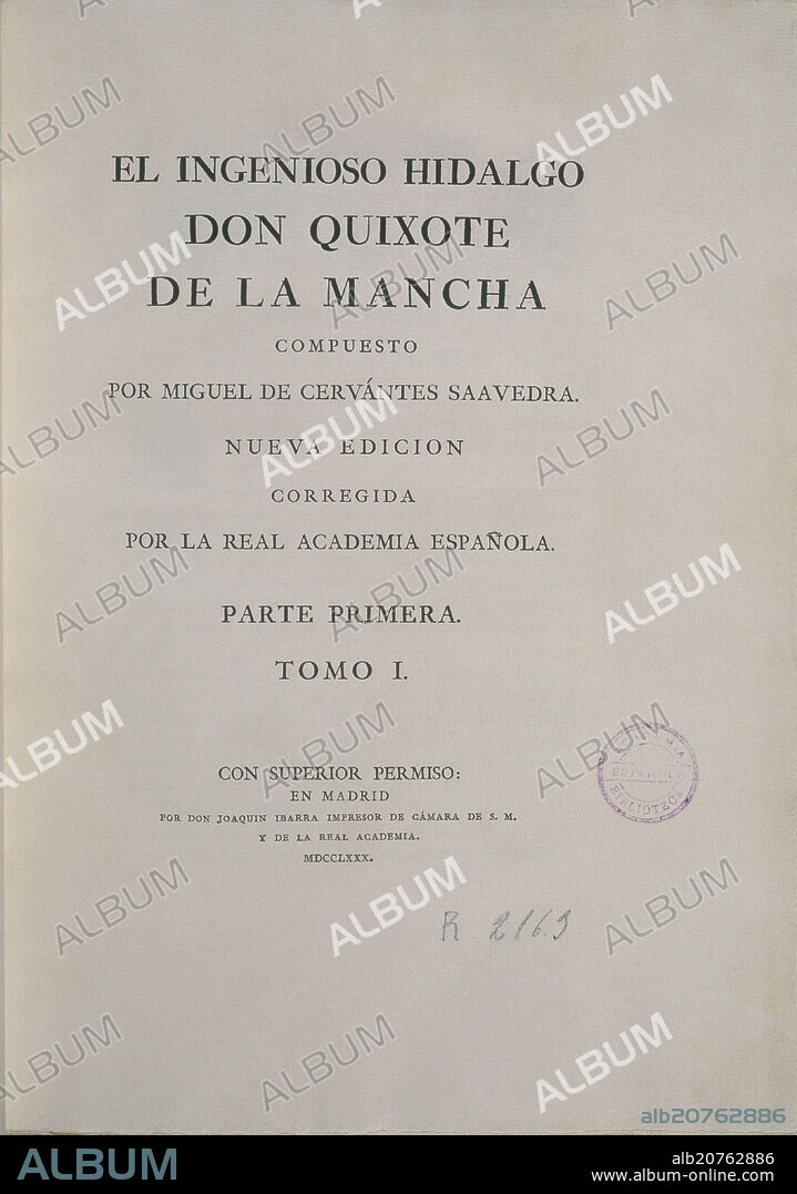 MIGUEL DE CERVANTES SAAVEDRA. PORTADA DEL INGENIOSO HIDALGO DON QUIJOTE DE LA MANCHA/ NUEVA EDICION CORREGIDA POR LA ACADEMIA/ PAR.