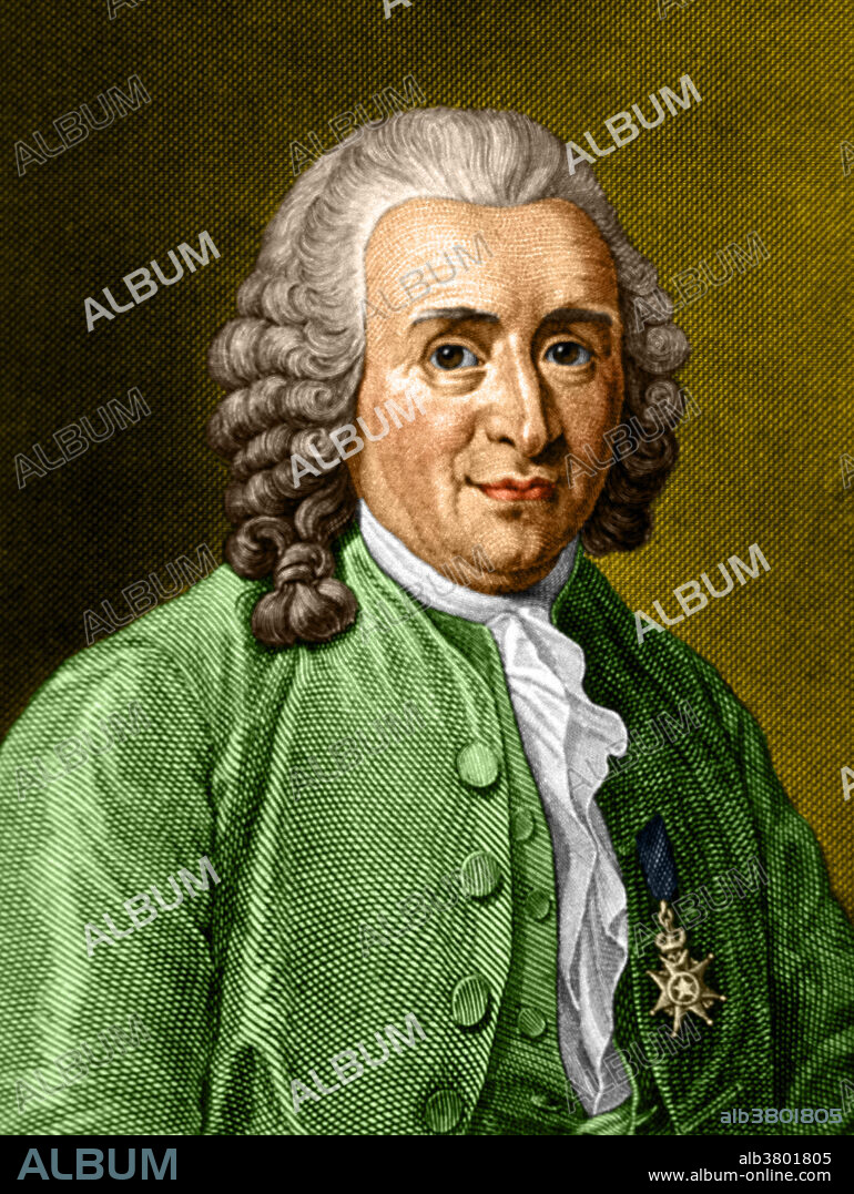 Color enhanced portrait of Carl Linnaeus (1707-1778), Swedish botanist, physician, and zoologist, who laid the foundations for the modern scheme of binomial nomenclature. Linnaeus was a great classifier of living organisms. In 1735 he published Systema Naturae (The Natural World), in which he divided flowering plants into classes ordered according to the structure of their sexual organs. In 1749 he introduced the binomial nomenclature by which each plant was given a latin generic noun followed by a specific adjective. He is known as the father of modern taxonomy, and is also considered one of the fathers of modern ecology.