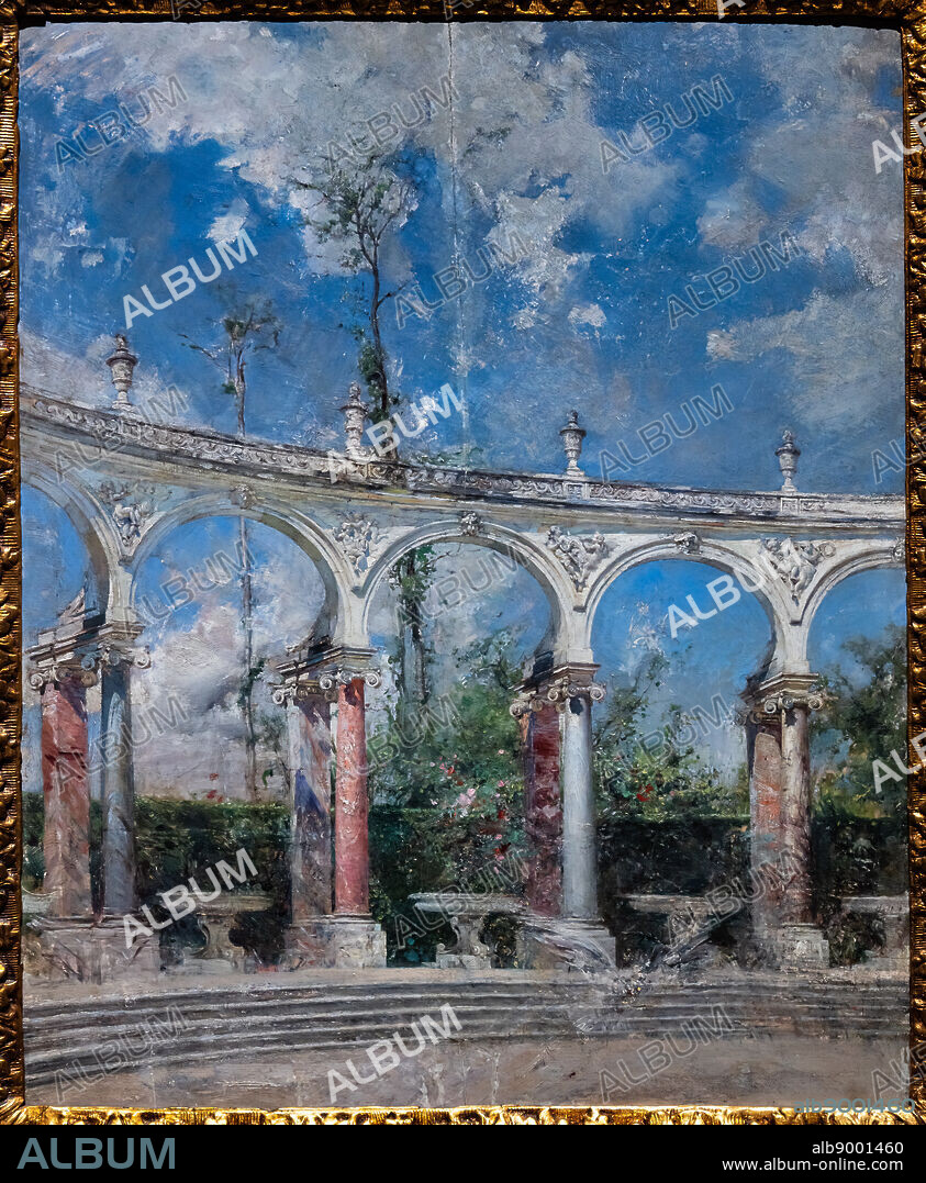 The colonnade at Versailles, by Giovanni Boldini, 1889, oil panel painting.
