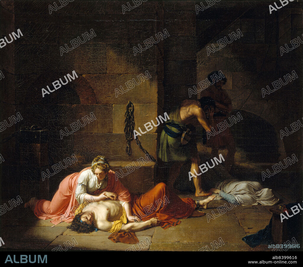 NICOLAS ANDRE MONSIAU. La Mort d'Agis, 1789. The Death of Agis. Scene inspired by Plutarch. The body of Agis, King of Sparta, who has just been strangled on the orders of Leonidas, lies on the ground. His mother Agesistrate leans over his body. The body of his grandmother Archidameia is covered with a sheet.