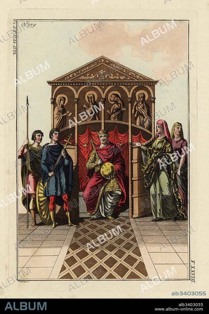 Charles the Bald (823-877). King of West Francia, Italy, and Holy Roman Emperor. He sits on the throne holding orb and sceptre, with two weapon-carriers holding his sword, shield and lance, and his consort and her lady in waiting. Handcoloured copperplate engraving from Robert von Spalart's Historical Picture of the Costumes of the Principal People of Antiquity and of the Middle Ages, Chez Collignon, Metz, 1810.