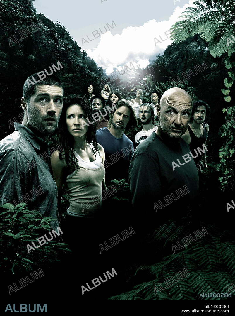 DANIEL DAE KIM, DOMINIC MONAGHAN, EMILIE DE RAVIN, EVANGELINE LILLY, HAROLD PERRINEAU JR, JORGE GARCIA, JOSH HOLLOWAY, MAGGIE GRACE, MATTHEW FOX, NAVEEN ANDREWS, TERRY O'QUINN and YUNJIN KIM in LOST, 2004. Copyright ABC.