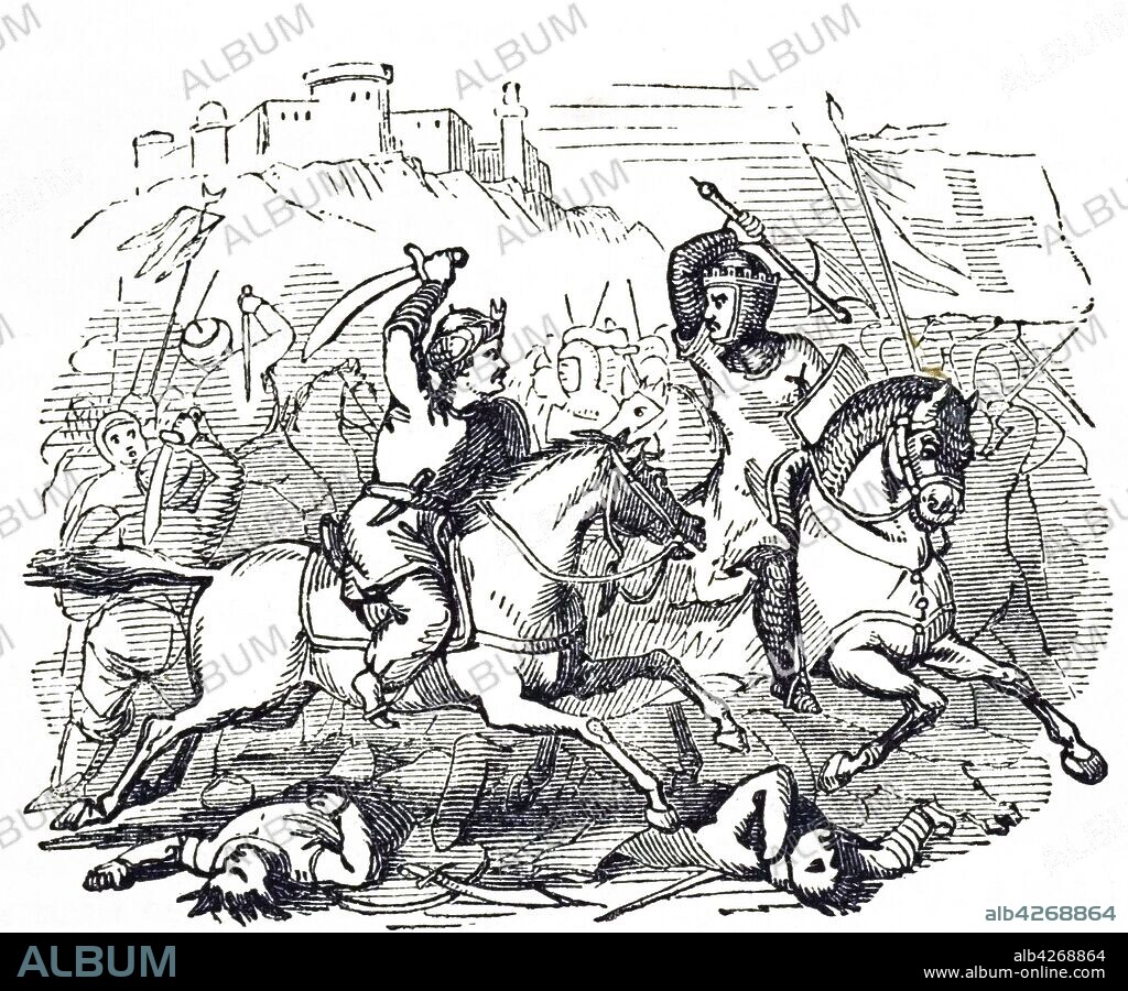 An engraving depicting a crusader and an infidel engaged in combat. Dated 19th century.