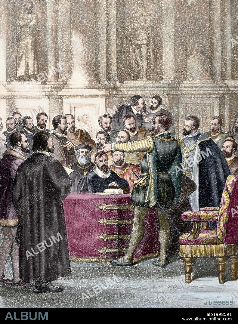 The Diet of Worms, 1521. Imperial diet of the Holy Roman Empire. It is most memorable for the Edict of Worms which addressed Martin Luther and the effects of the Protestant Reformation. The Emperor Charles V presiding. Colored engraving.