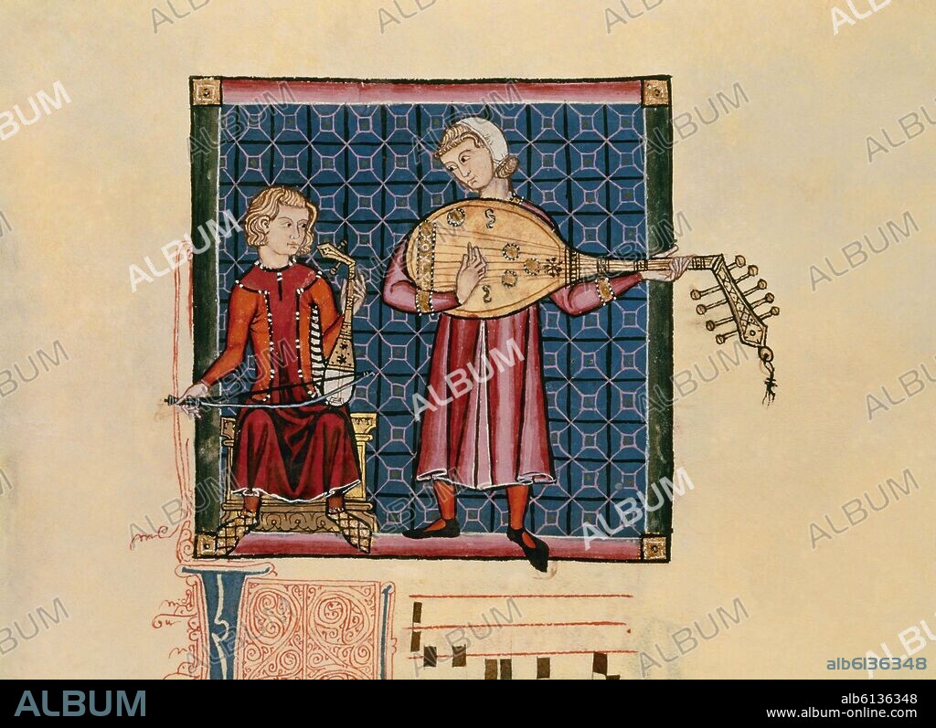 ALFONSO X DE CASTILLA EL SABIO. M.B.I.2 - CANTIGAS DE SANTA MARIA - Nº370 - F162R - CODICE DE LOS MUSICOS - RABEL Y LAUD ARABIGO - MINIATURA DEL SIGLO XIII - NEUMA.