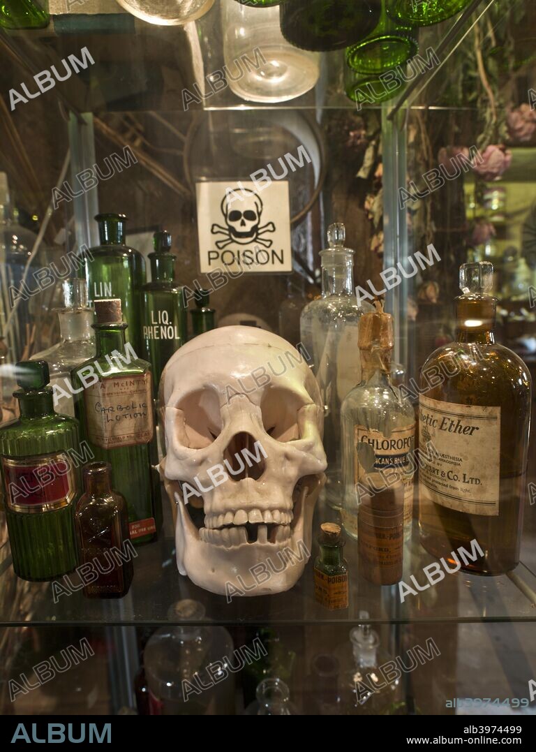 Herb Garrett and Old Operating Theatre Museum, St Thomas Church, St Thomas Street, Southwark, London, c2012. Detail of a skull surrounded by medicine and poison bottles in the Herb Garret, formerly an apothecary's store.