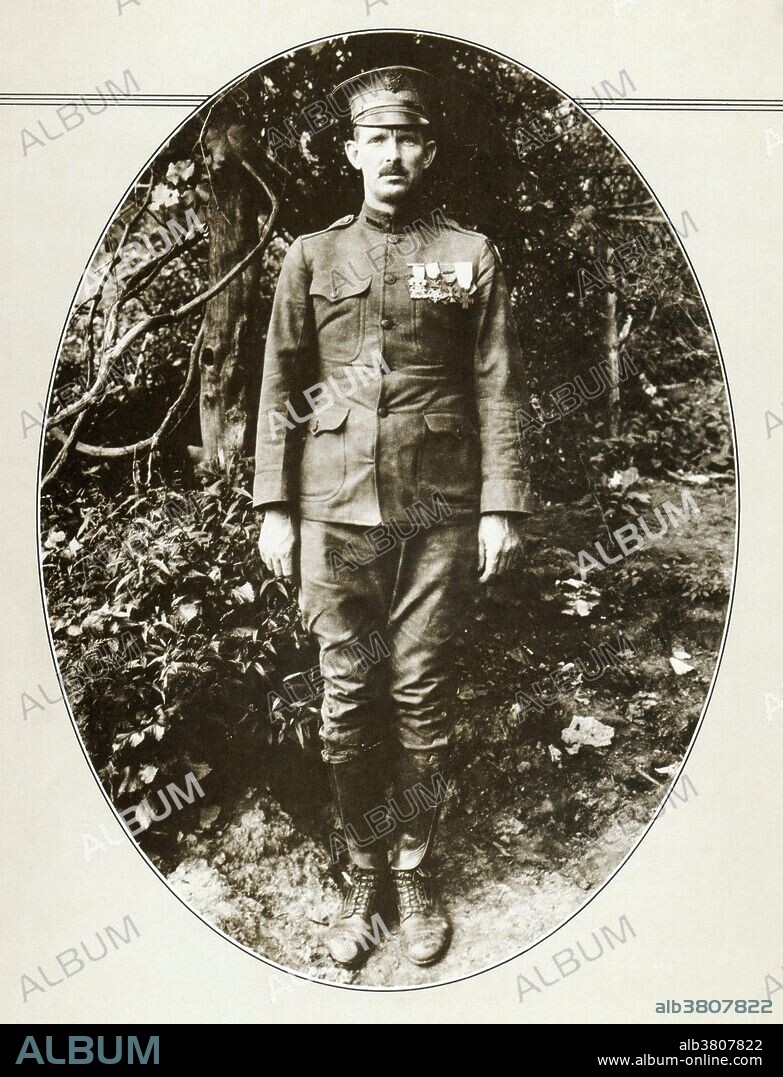Sergeant Alvin York (December 13, 1887-September 2, 1964) was one of the most decorated American soldiers in World War I. Initially, he sought draft exemption as a conscientious objector and a deeply religious man. He thought the commandment "thou shalt not kill" was a divine law always to be obeyed. Later, after he changed his mind, the Tennessee hillbilly became the most celebrated doughboy of all when he singlehandedly overpowered a German machine-gun battalion, taking 132 prisoners and leaving 25 dead. During World War II, York attempted to re-enlist in the Army, but he was 54, overweight, near-diabetic, and with evidence of arthritis, he was denied enlistment as a combat soldier. Instead, he was commissioned a major in the Army Signal Corps and he toured training camps and participated in bond drives in support of the war effort, usually paying his own travel expenses. York and his wife Grace had eight children, six sons and two daughters, most named after American historical figures: Alvin Cullum, Jr., George Edward Buxton, Woodrow Wilson, Sam Houston, Andrew Jackson, Betsy Ross, Mary Alice, and Thomas Jefferson. He died at the Veterans Hospital in Nashville, Tennessee, in 1964, of a cerebral hemorrhage. He was 76 years old.