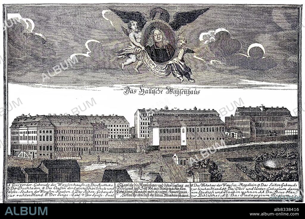 The Orphange of Hermann Francke at Halle, Germany / Ansicht des Waisenhaus zu Halle, mit Bild von August Hermann Francke, 1750, Deutschland, historisch, C:CC5historical, digital improved reproduction of an original from the 19th century / digitale Reproduktion einer Originalvorlage aus dem 19. Jahrhundert, Originaldatum nicht bekannt.