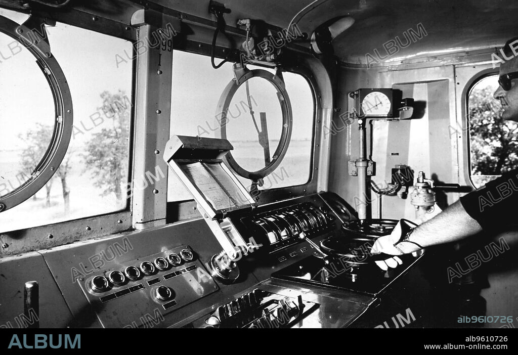 Inside the cab of an electric locomotive, 1950.
