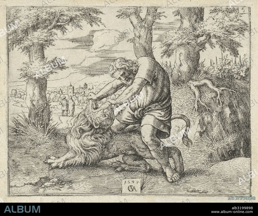 Samson kills the lion, Cornelis Massijs, 1549.