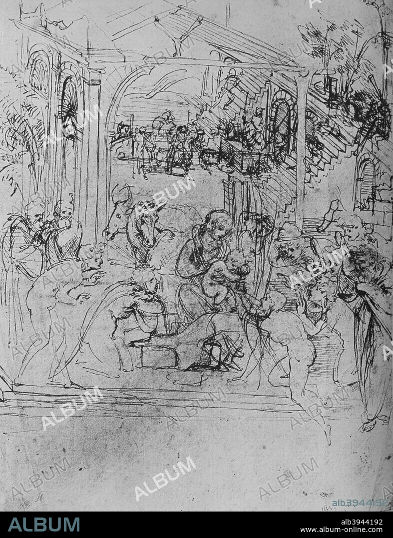 'Adoration of the Kings: Composition Sketch', 1478-1481 (1945). The drawing is held by the Musée du Louvre, Paris. From The Drawings of Leonardo da Vinci. [Reynal & Hitchcock, New York, 1945].