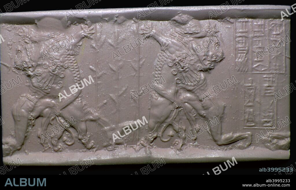 Akkadian cylinder-seal impression of Gilgamesh and a Lion.