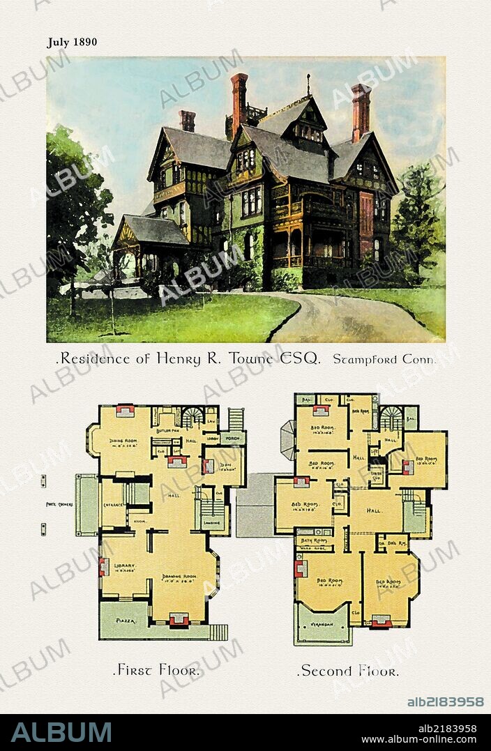 American Architecture of the Victorian Period with an ilustration of the home's exterior and a two floor architectural plan and layout.