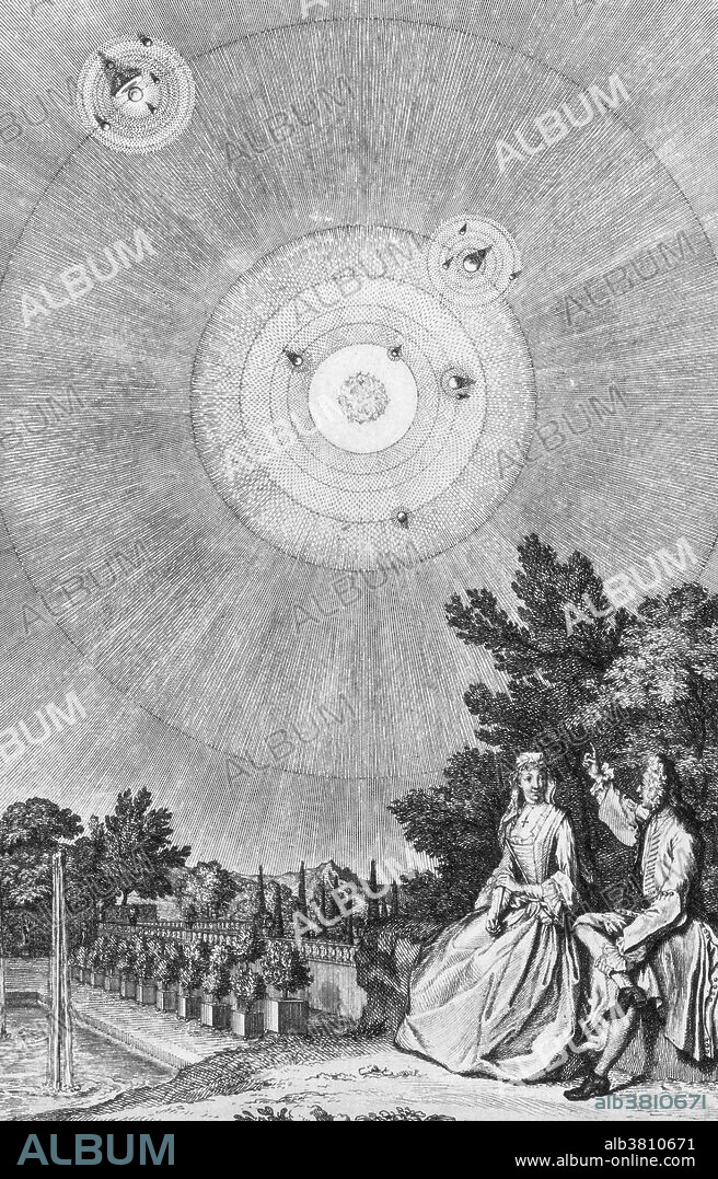 Bernard le Bovier de Fontenelle's frontispiece to his 17th century book "Conversations on the Plurality of Worlds" (Entretiens sur la pluralitÃ© des mondes) was one of the first books to attempt an explanation of scientific theories in popular language. The book itself is presented as a series of conversations between a gallant philosopher and a marquise, who walk in the latter's garden at night and gaze at stars. The philosopher explains the heliocentric model and also muses on the possibility of extraterrestrial life.