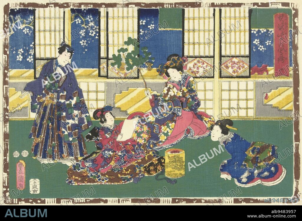 Prince Genji, an elegantly dressed woman and a servant, looking at girl with paper in hands, seated on cushion, near stove, through the opened walls view of white blossom against a blue background. Representation enclosed by brown border in which Genji emblems., Chapter 31 Faithful Depictions of the Splendid Prince (series title) Sono sugata Hikaru no utsushi-e (series title on object), print maker: Kunisada (I), Utagawa, (mentioned on object), Kinugasa Fusajiro, (mentioned on object), Murata Heiemon, (mentioned on object), print maker: Japan, Tokyo, Tokyo, publisher: Tokyo, 1851 - 1853, paper, colour woodcut, h 383 mm × w 260 mm.