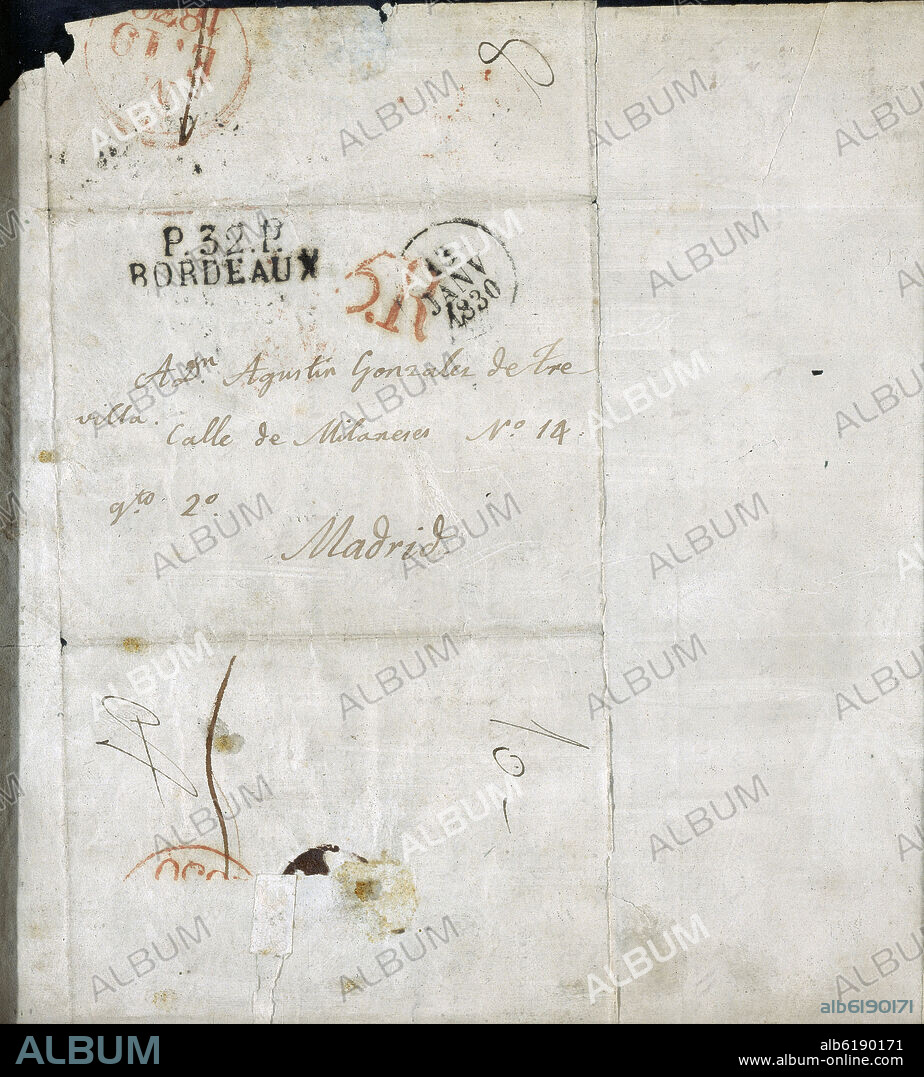 ZORRILLA LEOCADIA. SOBRE DE LA CARTA MANUSCRITA DE LEOCADIA ZORRILLA A D. AGUSTIN GONZALEZ DE TREVILLA - FECHA EL 13 ENERO 1830 EN BORDEAUX.